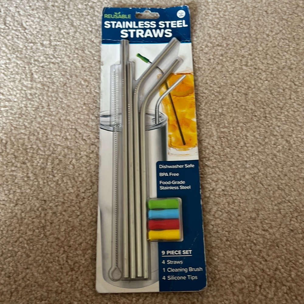 NWT 9pc Hitt Brands Silver Stainless Steel Straws